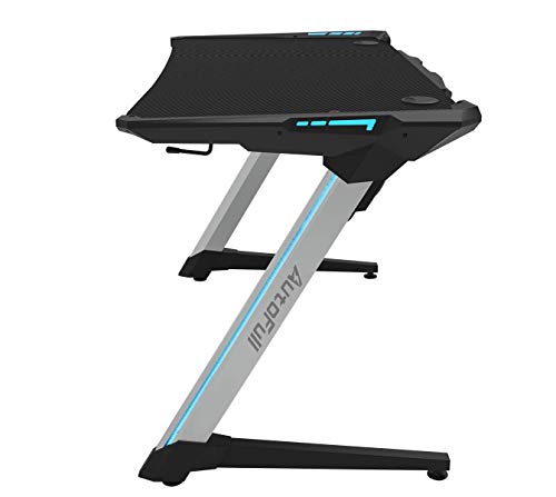 AutoFull 47" W * 30" D Z Shape Gaming Desk with LED Lights and Hidden Concentrator, Grey