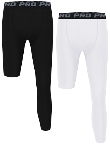 EXARUS 2 Pack Youth Boys One Leg 3/4 Compression Leggings Tights Basketball Sports Pants Athletic Base Layer for Football 10Y
