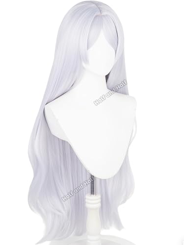 Image of Frieren Cosplay Costume Wig 37.4'' Long Curly Silver White Anime Wigs | Light Gray Wave Wig with Bangs Synthetic Hair for Women Halloween Party Daily
