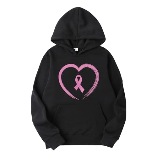 Suéter con capucha suelta de manga larga para mujer, color sólido, estampado en la prevención del cáncer de mama Plaid polar Jersey, Le Noir, XXXL