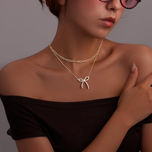 Gold Layered Necklaces for Women Chunky 14K Gold Silver Plated Stack Diamond Bow Statement Pendant Necklace Cute Trendy Dainty Small Tiny Bow Simple Choker Chain Jewelry Set for Women Gift2