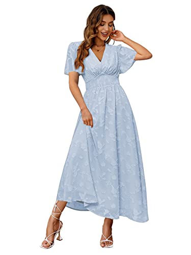 Image of Simplee Women's Boho Floral Maxi Dress Flowy Casual V Neck Short Sleeve Wedding Guest Holiday Beach Long Dress