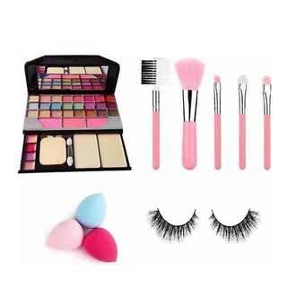 Zaduhik TYA Fashion 6155 Multicolour Makeup Kit with 5 Pcs Pink Mini Makeup Brushes Set, 1 Eyelashes Pair and 3 Pcs Multicolour Beauty Blenders - (Pack of 10)