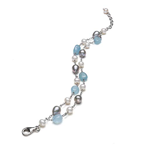 Belacqua Milky Blue Aquamarine and Pearls Chain Station Tin Cup Bracelet in Sterling Silver, Length- 7.5 Inches, Real Pearl Jewelry for Women, Gift Box Included4