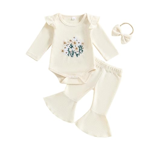 Kavousa Newborn Baby Girl Fall Clothes Floral Embroidery Long Sleeve Romper Flare Pant Set Headband Cute Bell Bottom Outfit (Flower Beige, 0-3 Months)