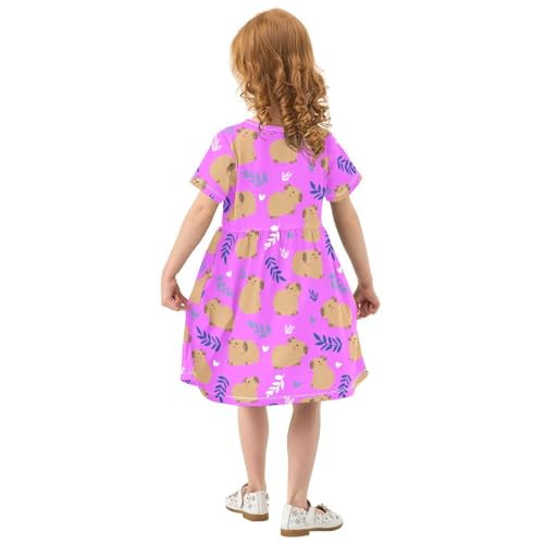 Purple Cute Capybara Toddler Dress Girls Summer Short Sleeve T-Shirt Dress Casual Outfit3