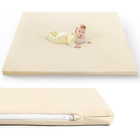 Baby Mat for Floor, Thick Soft Non-Toxic Vegan Leather Baby Play Mat, Waterproof Foam Play Mat, Padded Play Mat for Baby, 50x50 Playpen Mat, Infant Playmat for Baby Girls and Boys, Beige Cover