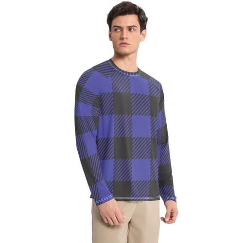 Black Blue Plaid Men's Rash Guard Loose Crew Neck Elasticity Long Sleeve Sun Protection UPF 50+ Hiking3