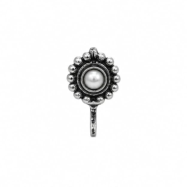 Jewellery Amazing Oxidised silver finishing Pearl stone Stud floral Design Nose Pin | Ring | Without Piercing | Adjustable | Nose Ring | Nathiya|Nathani | For Festival |Navratri For womens & Girls.-image-7