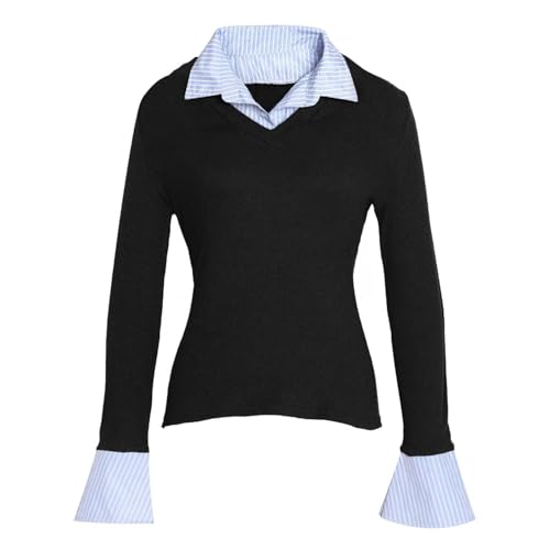Generisch Pull 2 en 1 pour femme avec empiècement de chemise - T-shirt à manches longues moulant avec col en V - Haut élégant pour un look décontracté et...