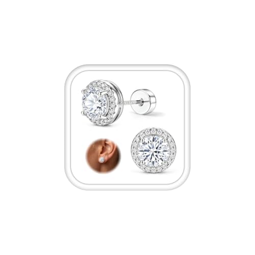 Image of Silver Plated Stud Earrings for Women Flat Back Waterproof Halo Round CZ