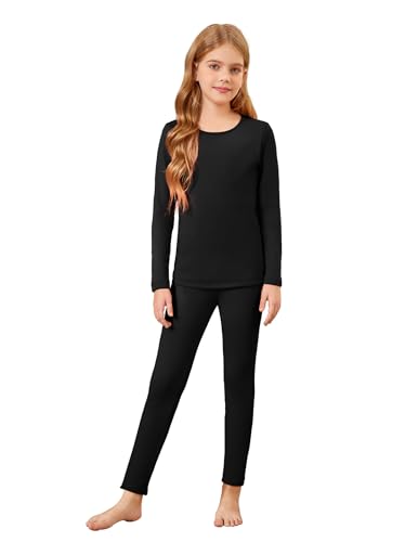 Arshiner Girls Thermal Underwear Set Long Johns Fleece Lined Kids Base Layer Top Bottom Warm Winter Black 7-8 Years cover