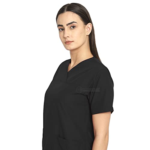 Image of IS IndoSurgicals Faux Wrap Scrub Suits for Doctors Women OT Dress (S, Black)