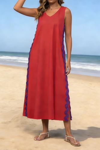 Image of utcoco Women's Summer Beach Boho Flowy Maxi Dress Casual Sleeveless V Neck Side Slit RIC Rac Tank Dress