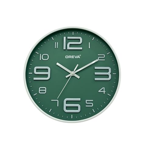 Image of OREVA 12 Inch Round Fancy Embossed Number Dial Contemporary Stylish Quartz Clocks Modern Analog Silent Wall Clock for Living Room Bedroom Home Decor Office AQ-9497SS (Green)
