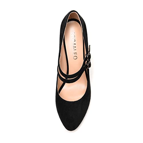 NUMALEO Womens Round Toe Suede Solid Buckle Ankle Strap Dress Business Wedge High Heel Pumps Shoes 3.3 Inch3