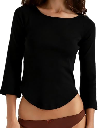 Image of Women Y2K Boat Neck 3/4 Sleeve Crop T-Shirt Slim Fit Basic Going Out Tops (A-Black, M)