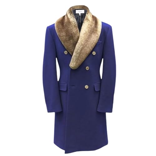 Men's Winter Trench Overcoat Removable Faux Fur Collar Top Coat Double Breasted Business Long Pea Coat