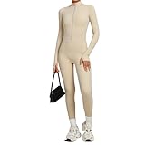 LSIEPN Fleece Lined Jumpsuit For Women Long Sleeve Thermal Slim Romper with Front Zipper Autumn Winter One Piece Overalls (BEIGE,S)