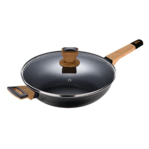 Bergner - Padella alta 28cm in alluminio con manico e maniglia soft touch effetto legno e coperchio in vetro, linea Earth Black induzione