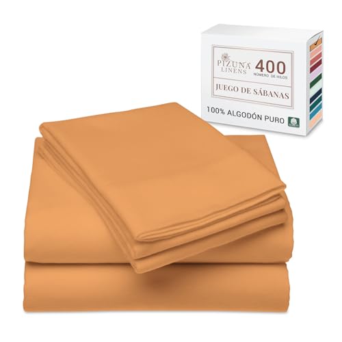Pizuna Juego de sabanas 180x200 Naranja Albaricoque, Lujoso satén 100% algodón de Fibra Larga de 400 Hilos Juego de sabanas 180 cm con 1 Sabana encimera, 1 Sabana Bajera, 1 Funda Almohada cilindrica