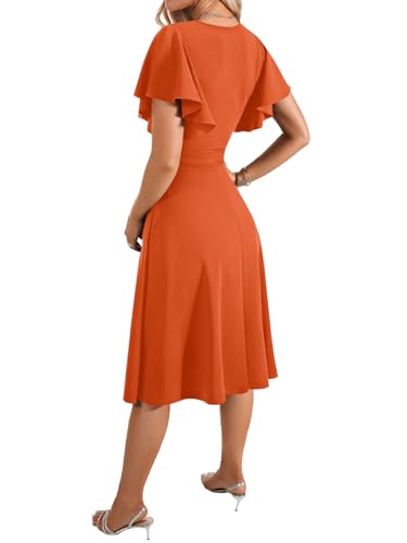 Image of LYANER Women's Warp V Neck Ruffle Short Sleeve A Line Swing Flared Cocktail Party Midi Dress
