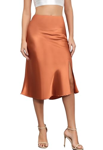 Jupe midi en satin de soie ALCEA ROSEA évasée au tombé premium couleur Caramel