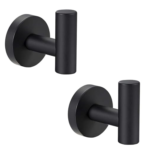 TRHDFW 2 ganchos para toallas de baño, gancho de metal atornillado negro mate, gancho para bata SUS 304 de acero inoxidable resistente, colgador de puerta, toalla, ropa, armario, esponjas, gancho para