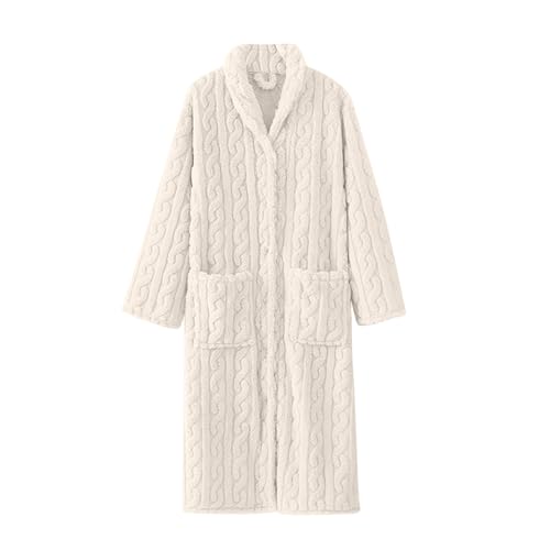 Bata larga de felpa para mujer, bata de baño de forro polar grueso jacquard con botones y bolsillos, acogedora y suave, para invierno, otoño, descanso, spa, cómoda ropa para el hogar, blanco, XL