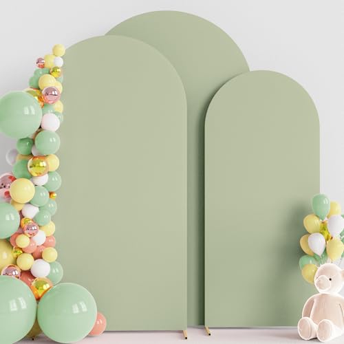 Image of Wokceer Wedding Arch Backdrop Cover 7.2FT, 6.6FT, 6FT Set of 3 Spandex Fitted Sage Green Arch Covers for Round Top Chiara Arch Backdrop Stands Cover for Birthday Party Ceremony Decor