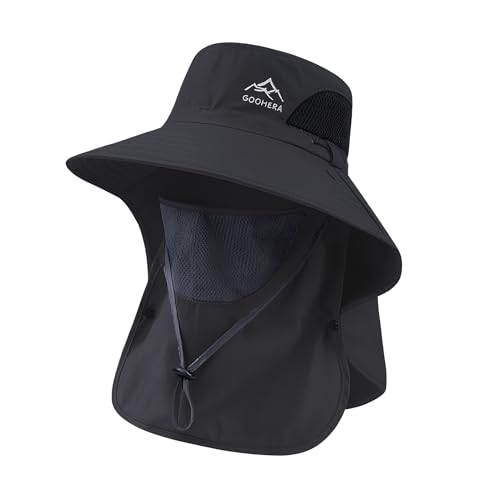 GOOHERA Sun Hat for Men & Women, Breathable Wide Brim Outdoor Fishing Hat with Face Cover & Neck Flap, UV Protection Summer Safari Hat – Black