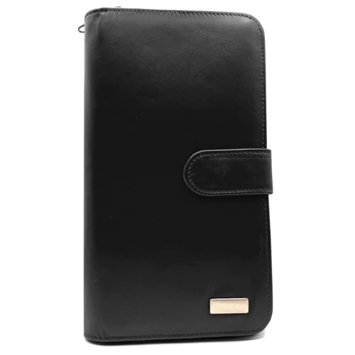 Charmoni - Porte chéquier Talon en Haut - Portefeuille Blocage Anti RFID - Porte Carte Monnaie - Tout en Un - Cuir Vachette - Femme Homme (Noir)