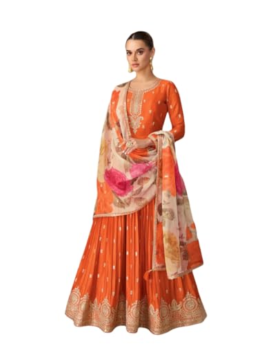 Miss Ethnik Women's Orange Chinon Stitched Gown with Dupatta Full...