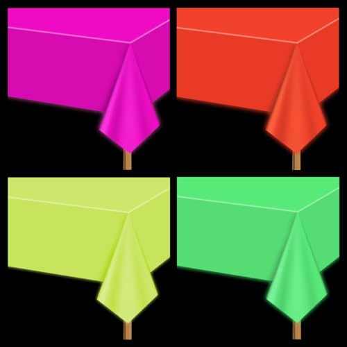 Toalhas de mesa de néon - 4 unidades, multicoloridas, 130 x 220 cm, que brilham no escuro, para decoração de festas de neon, suprimentos de festa