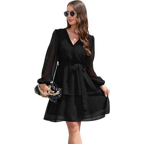 KOEMCY Damen Swiss Dot Chiffon Minikleid V-Ausschnitt Langarm A-Linie Freizeitkleid Gürtel Boho Kleid Herbst Kleider Strandkleid (Schwarz,L)