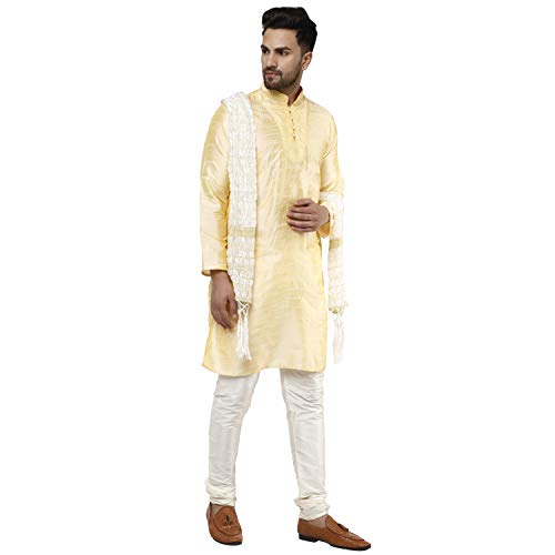 Image of SKAVIJ Men's Art Silk Embroidered Kurta Pyjama Scarf Set 3-Piece Woven Design Festive Party Dress