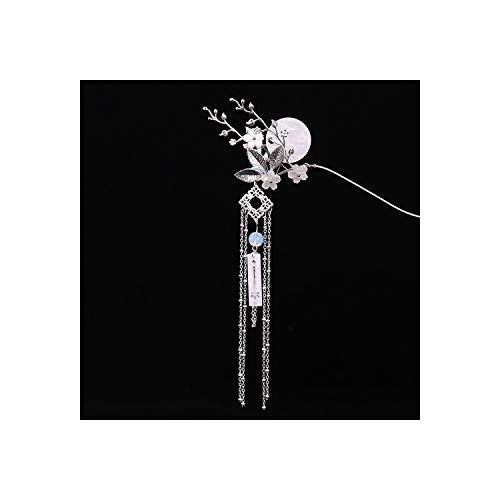 Hair Sticks- Chinese Hanfu Tiara Long Moon Hair Stick Women Hair Silver Flower Leaf Crystal Headpiece Hairpin Women Hair Jewelry,Silver