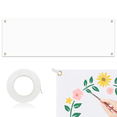 Banderole Personnalisée 500 x 50 cm Bannières Blanche,Grandes Bannières Vierges Blanche Polyester Banniere avec Corde de Suspension de 10 m pour DIY Mur...