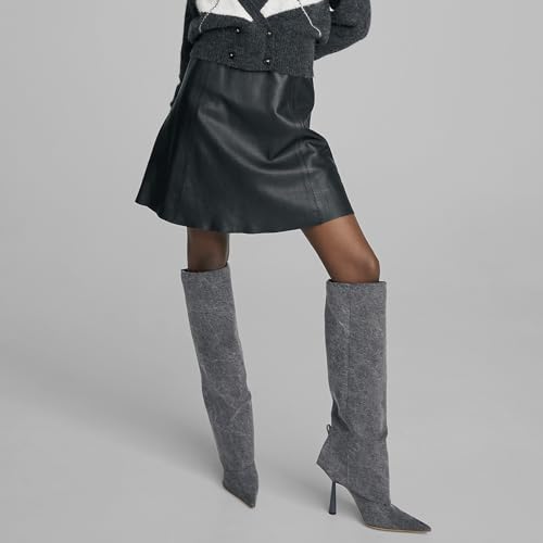 Women's Leather Knee High Boots Fold Over Long Boots For Women Pointed Toe Stiletto Heel Dress Boot For Ladies Nude 7