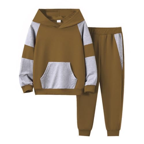 Image of 5-11Y Boys Clothes Long Sleeve Hooded Pullover Colorblock Sweatshirt + Pants 2pcs Fall Winter Outfit Set