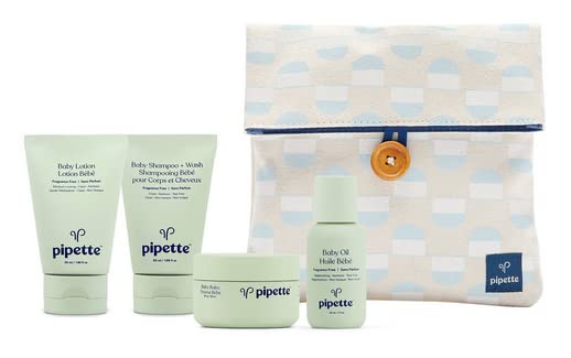 Pipette Baby Travel Kit - Trial Size Toiletries, Baby Gift Set, Hypoallergenic, Free of Synthetic Fragrances, Cruelty-Free, 4 Products + Travel Pouch