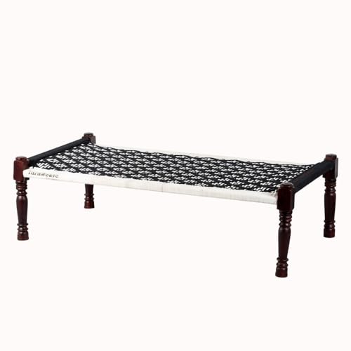 Solid Sheesham Wood Handmade Rajasthani Charpai | Cotton Rope Khatiya Charpai Single Bed Without Storage | Wooden Cot Bed | Khatiya-Khaat | 6X3 Feet | Color - Black & White
