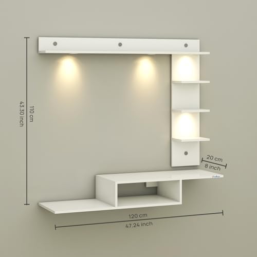 Image of Anikaa Wintor Engineered Wood Wall Mounted TV Unit with 4 LED Lights, 3 Open Shelves, 1 Storage Box & Decorative Display Shelf for Living Room | Ideal for Upto 43 Inch TV-White(DIY Assembly)