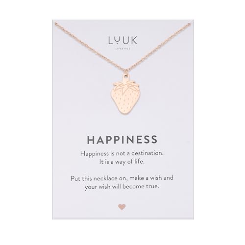 LUUK LIFESTYLE Collar de fresa rosa para mujer idea de regalo santo día de la madre con tarjeta frase HAPPINESS, joyería de calidad de acero inoxidable, oro rosa