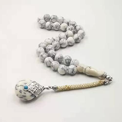 Miniatura 6 de Tasbih - 33 cuentas de oración islámica de piedra turquesa blanca y musulmana misbaha (0.315in x 33 cuentas)