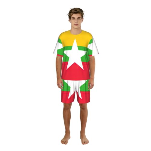 Pyjama court homme stretch vêtement de nuit doux imprimé drapeau Myanmar