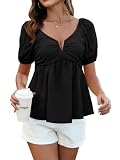Upopby Women's Sexy Deep V Neck Tops for Women Trendy Summer 2025 Flowy Shirts Peplum Puff Short Sleeve Blouse Black S