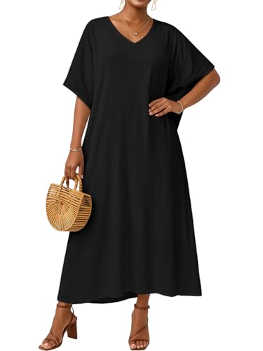 Gosunny Kaftan Damen Strandkleider Sommer Strand Maxikleid mit V Ausschnitt Luftiges Sommerkleid Lange Strandtunika Boho Kleidung Lockere Kleider(A-Schwarz)