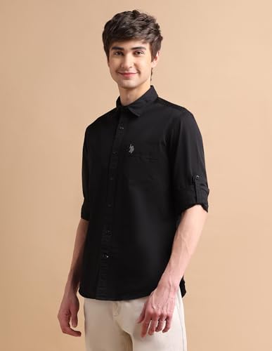 Image of U.S. POLO ASSN. Denim CO. Solid Regular Fit Shirt for Men - 100% Cotton, Breathable & Comfortable, Full Sleeves Casual Shirt for Men - 50, Black