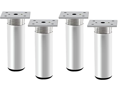 Rusoz 4Pcs Adjustable Furniture Legs,Metal Table Legs 100 mm Matt Sliver Aluminum Alloy Round Sofa Feet Replacement Adjustable Height 0-10 mm with Screws for Cabinet,Bed,and Wardrobe